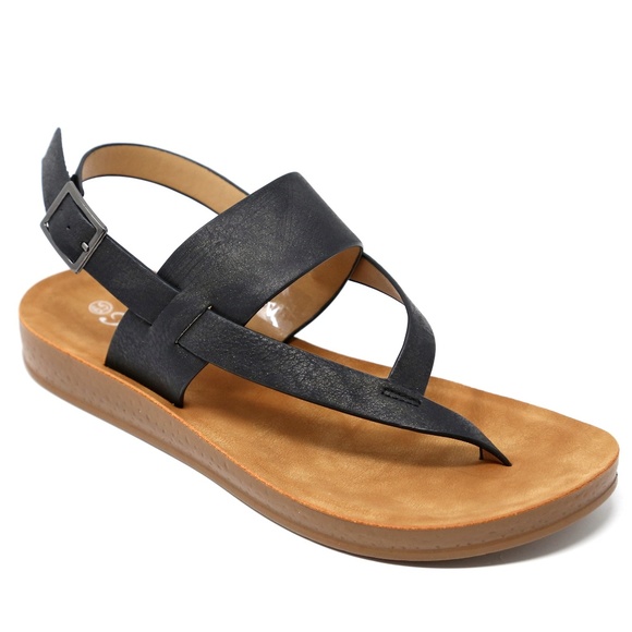 Shoes - Black Thong Single Band Strap Sling Flat Sandals